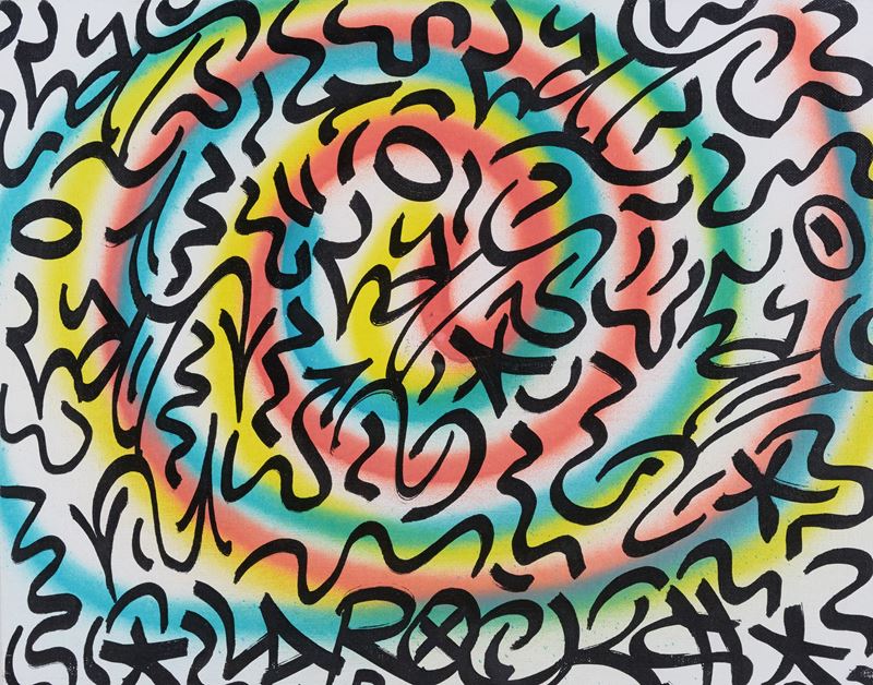 Angel Ortiz Little Angel - Over the Rainbow (spray e smalto con pennarello a vernice su cartone t...
