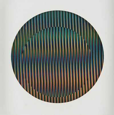 Carlos Cruz-Diez, Cromointerferenza manipolabile circolare, carta e stampa su materiale plastico
