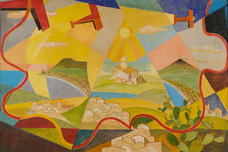 Giulio D'anna - Aerei Caproni in volo e paesaggio simultaneo, tempera su carta intelata