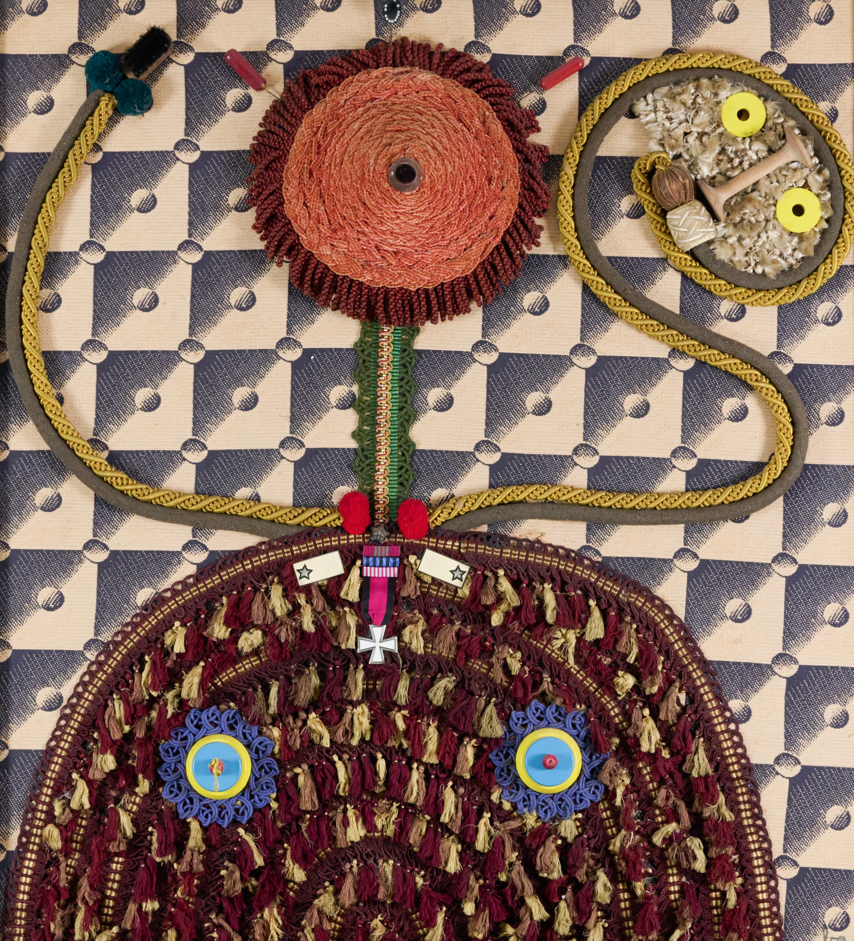 Enrico Baj - Lady Macbeth and the ghost, collage materico con passamanerie e medaglie su tavola