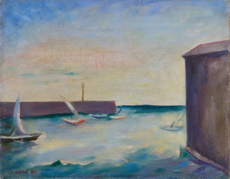 Carlo Carrà - Porticciolo, olio su cartone telato (1941)