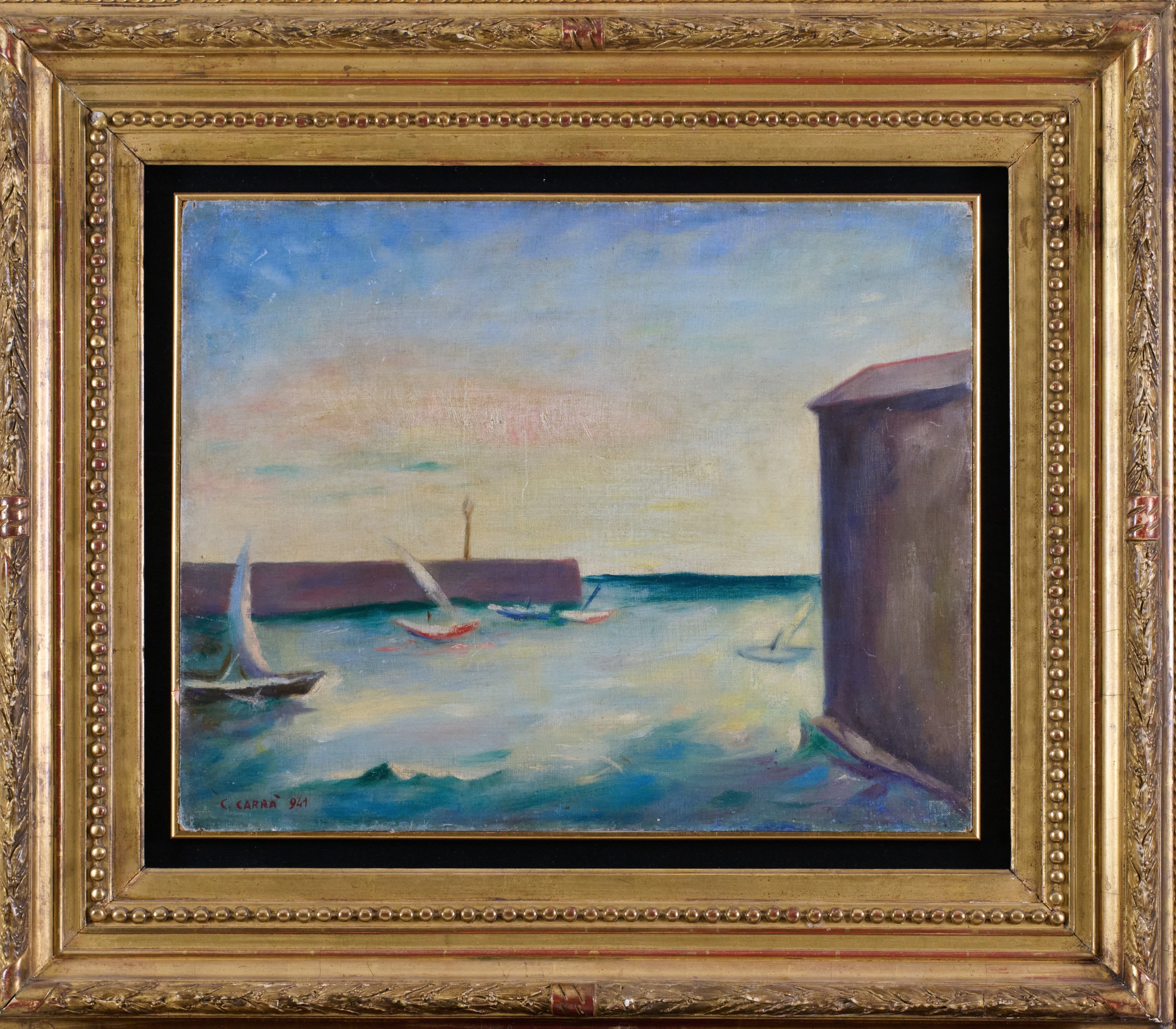 Carlo Carrà - Porticciolo, olio su cartone telato (1941)