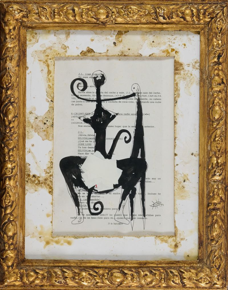 Luna Bigas - ¿Qué me ha pasado? — tecnica mista e collage su carta entro cornice d'artista, 1994