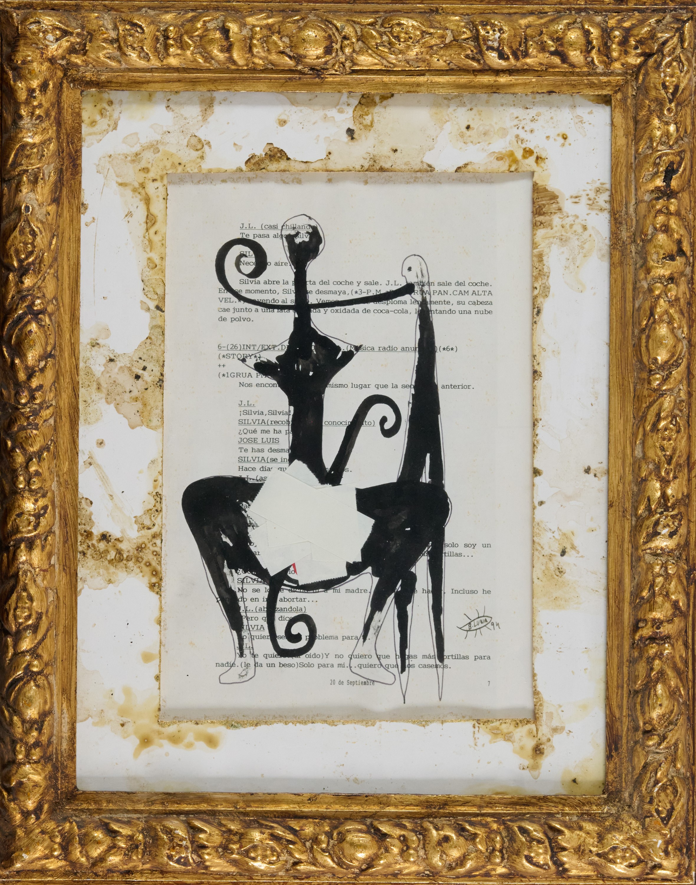 Luna Bigas - ¿Qué me ha pasado? — tecnica mista e collage su carta entro cornice d'artista, 1994