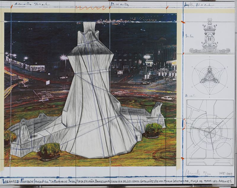 Christo - Wrapped fountain – Progetto per la Fontana di Jujol, Plaza de Espana, Barcellona