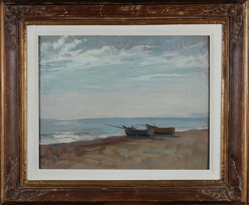Augusto Bastianini - Barche sulla spiaggia, olio su tavola