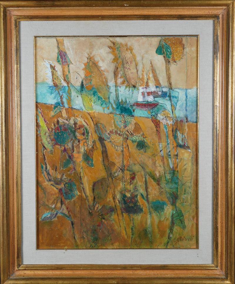 Angelo Giovanni Ciucci - Girasoli e barche, tecnica mista su cartone