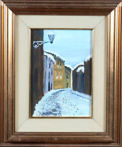 Scorcio di paese con neve, olio su cartone