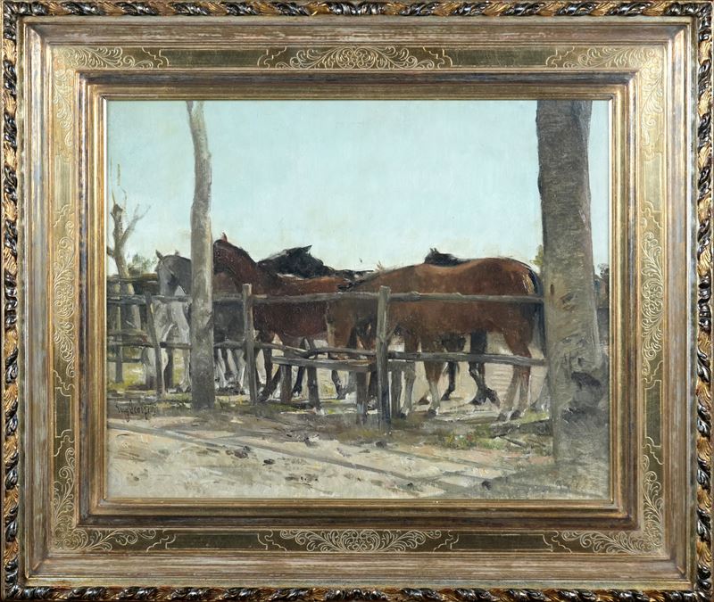Eugenio Scorzelli - Cavalli d’allevamento nella staccionata