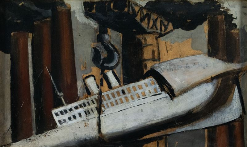Mario Sironi - Nave ciminiere e gru (parte superiore di cartellone pubblicitario)