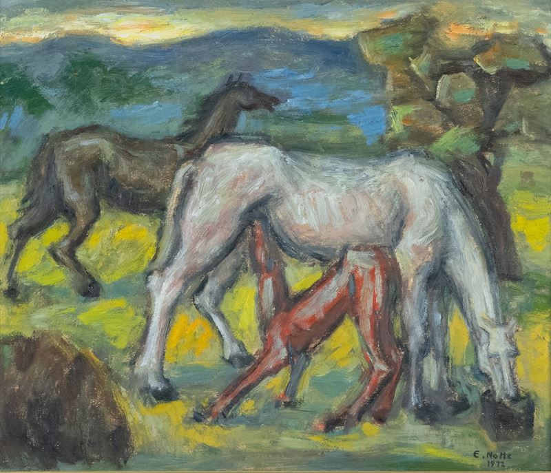 Emilio Notte - Cavalli, olio su tavola