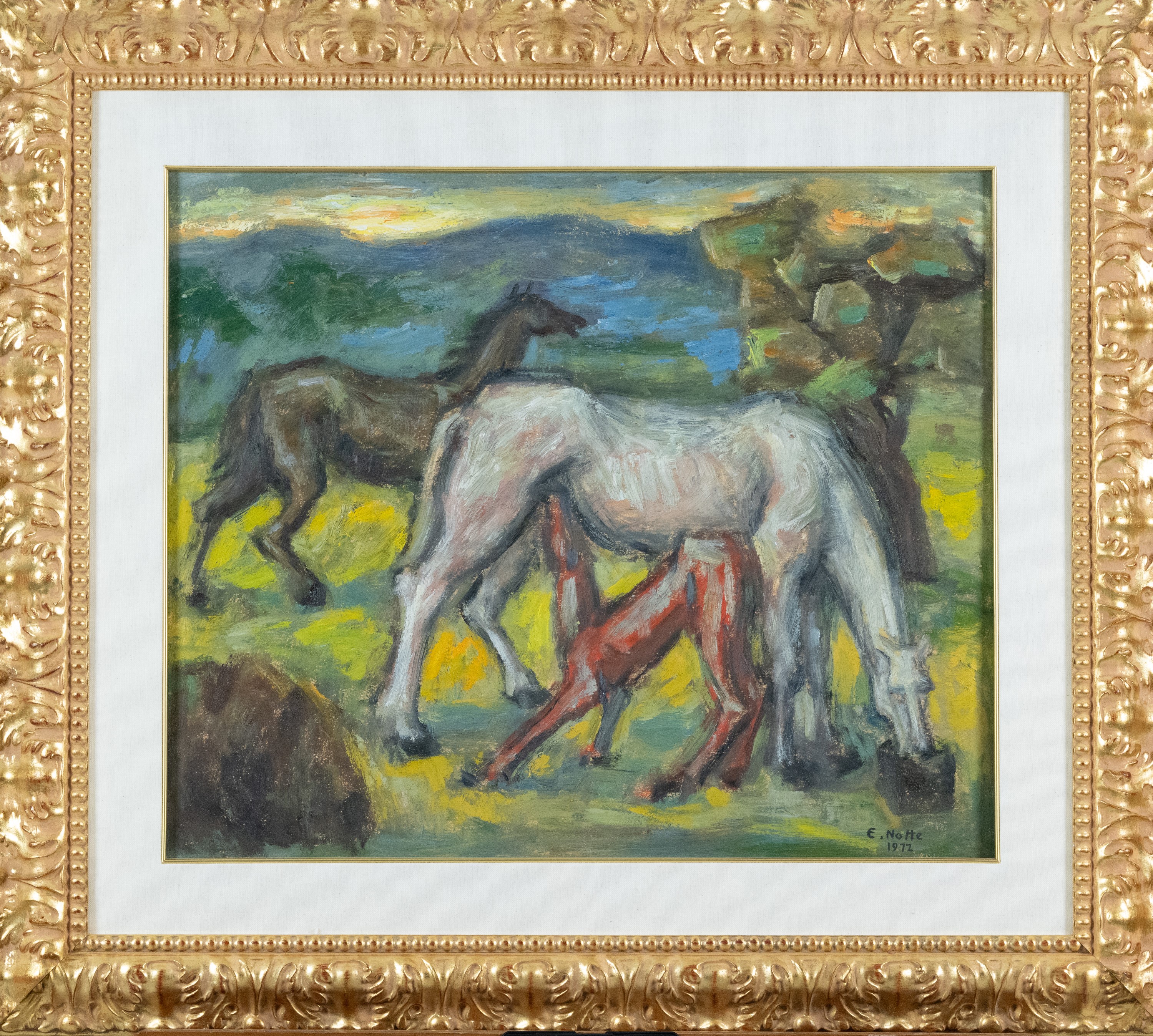 Emilio Notte - Cavalli, olio su tavola