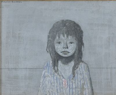 Bambina con maglietta azzurra, olio su tela