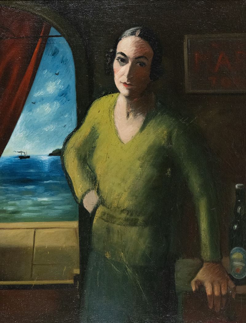Gregorio Sciltian - Donna in osteria con paesaggio marittimo