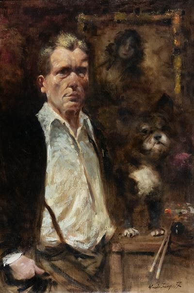 Ritratto dell’artista con il suo cane Vatrushka, olio su tela
