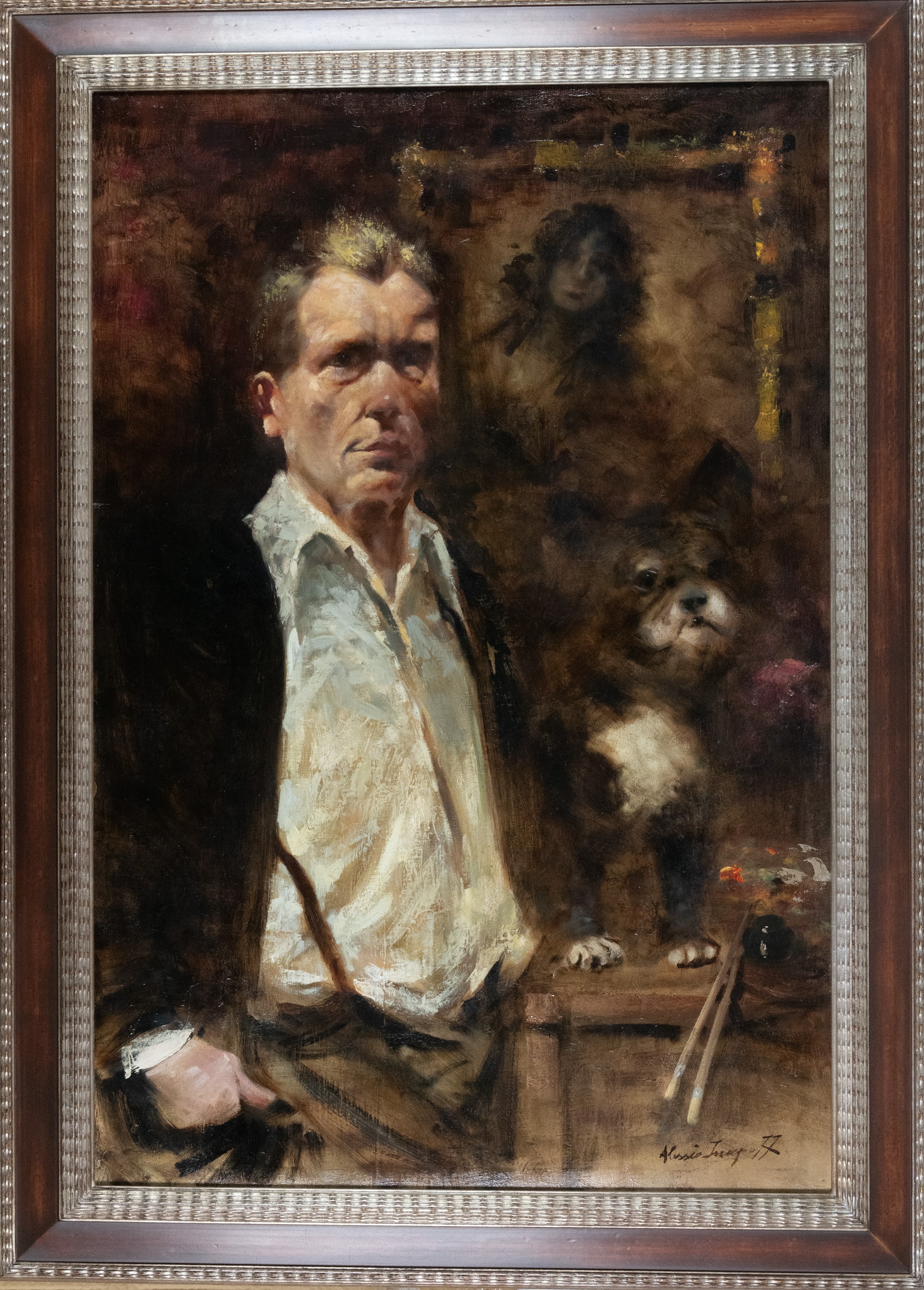 Alessio Issupoff - Ritratto dell’artista con il suo cane Vatrushka, olio su tela