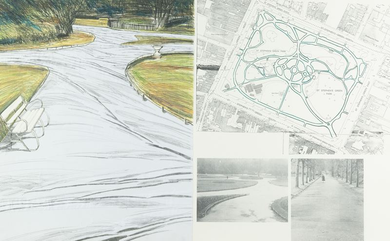 Christo - Wrapped Walk Ways, Project for St. Stephen's Green Park, Dublin, litografia con collage...